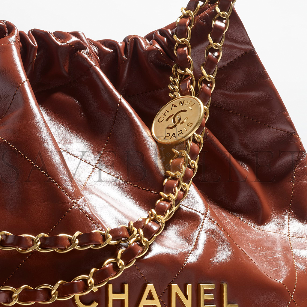 CHANEL MASTER 22 HANDBAG SHINY CALFSKIN & GOLD-TONE METAL BROWN AS3261  (42*39*8cm)